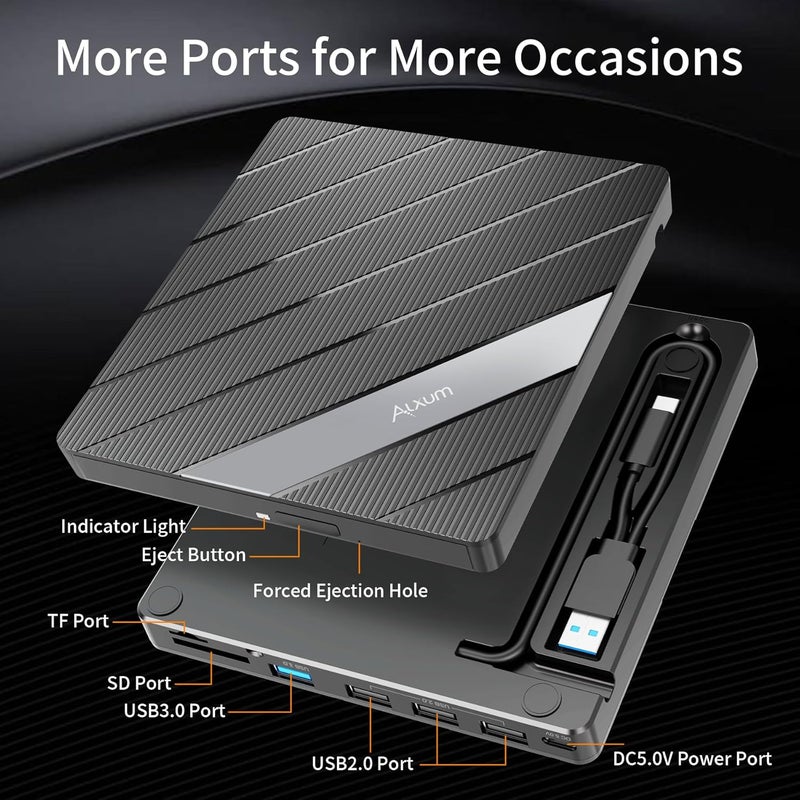 ALXUM External CD DVD Drive for Laptop, 8 in 1 Portable CD DVD Burner Rewriter with Multiple Ports Support Faster Transfer Speed CD 8X DVD 24x for Windows 11/10/8/7 MacOS and More - Image 3